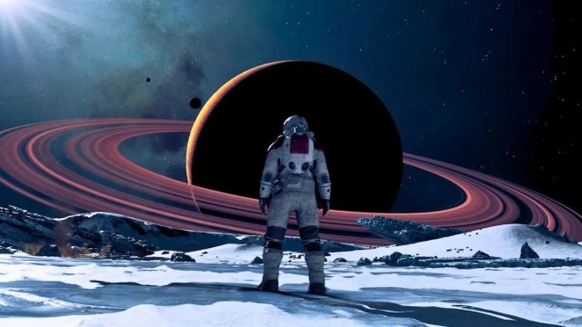 An astronaut staring at Saturn in space in Starfield