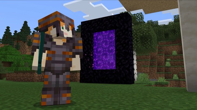A character in Minecraft wearing Armor and standing in front of a Nether Portal.