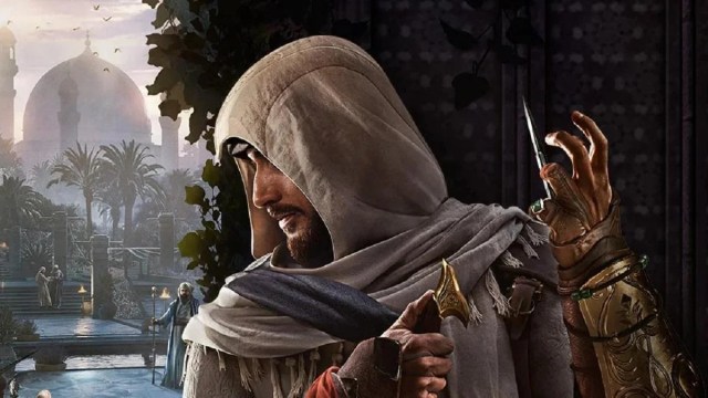 Assassin Basim Ibn Ishaq taking cover behind a wall and readying his blade