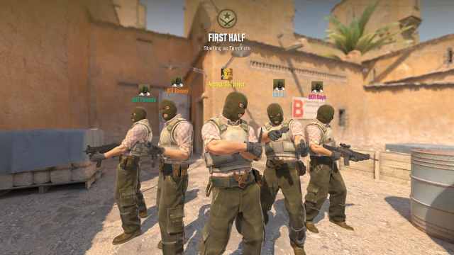Screenshot of when a match is about to start in CS2. It features five Terrorist players.