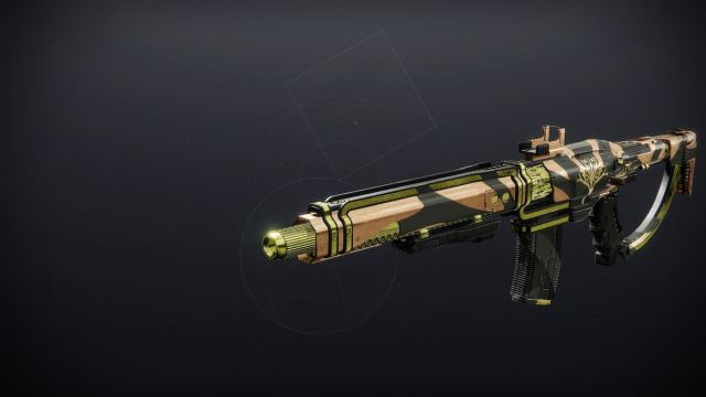 The Lethal Abundance auto rifle as shown in the weapon inspect screen. It has an Iron Banner logo engraved on its side.