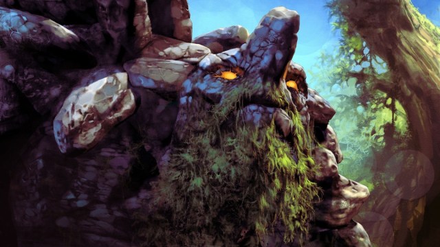 A giant rock monster with a green beard and yellow eyes glares forward in a forest in Dota 2.