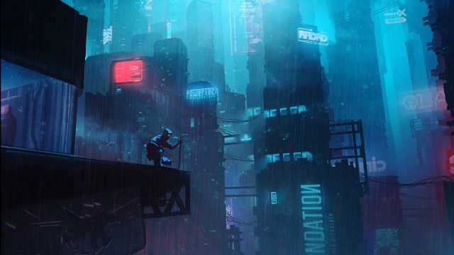ghostrunner 2 artwork showing a neon cyberpunk cityscape with the ghostrunner, jack, crouched on aledge overlooking it all