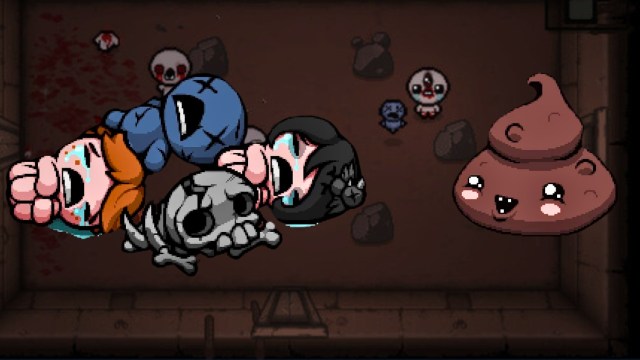 A poo emoji next to a pile of dolls on the ground in the binding of isaac