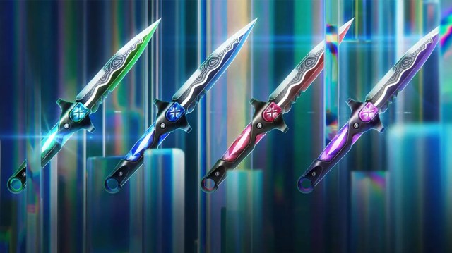 A lineup of the four VCT LOCK//IN melee skins from VALORANT.