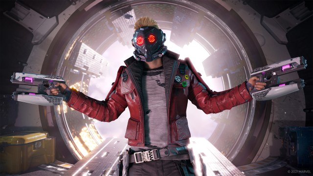 Star-Lord standing at the ship's exit holding his guns