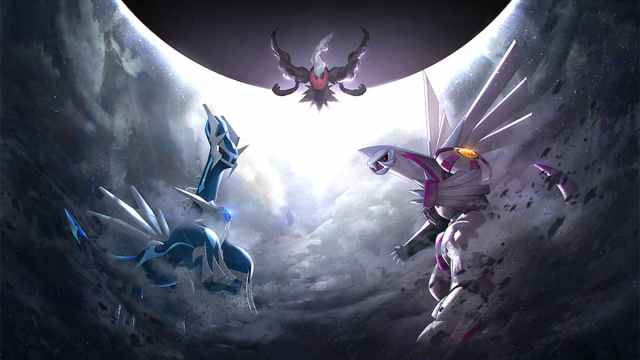 Darkrai floating above Dialga and Palkia in artwork for Pokémon Scarlet and Violet event.