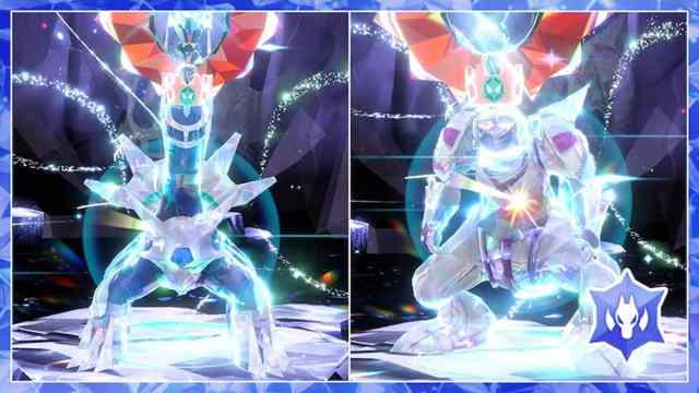Dialga and Palkia with the Dragon Tera Type in Pokémon Scarlet and Violet.