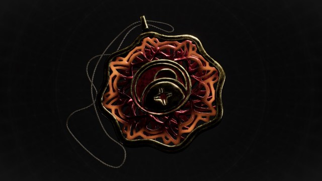 A sun-like necklace depicting a sun being eclipsed in the center sits on a black background in Remnant 2.