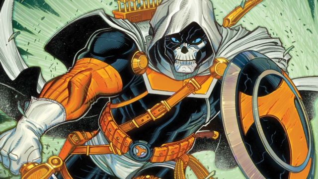 Taskmaster in the comics, posing with this sword and shield