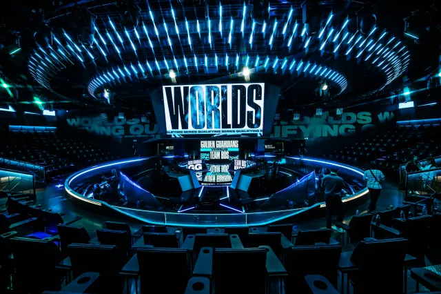 The League of Legends Worlds Qualifying stage, lit up in blue
