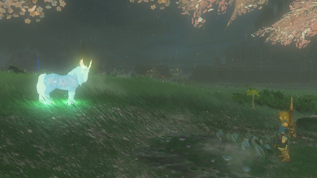 The Satori horse standing near a Cherry Blossom Tree in The Legend of Zelda: Tears of the Kingdom