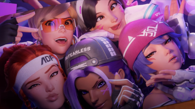 A photo of Tracer, D.Va, Brigitte, Sombra, and Kiriko in their Le Sserafim outfits.