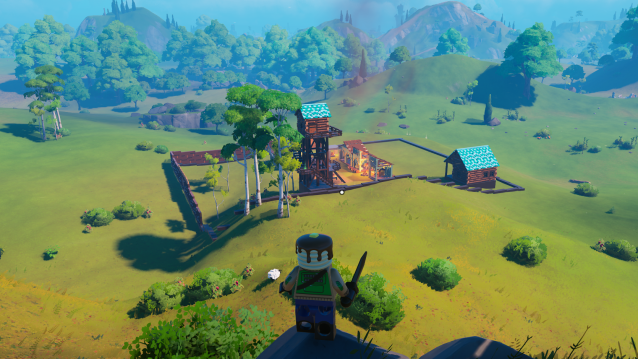 A distant view of a village in LEGO Fortnite.