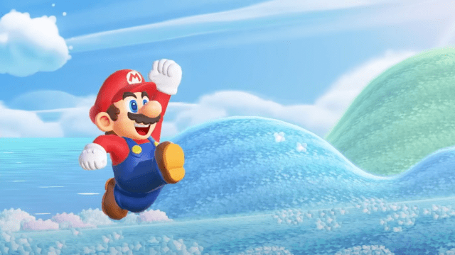 Mario jumping on a colorful background.