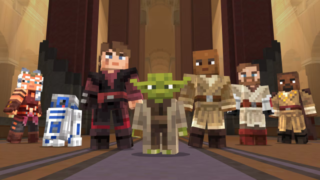 Anakin Skywalker, Yoda, R2 , and other Star Wars character in a Minecraft world