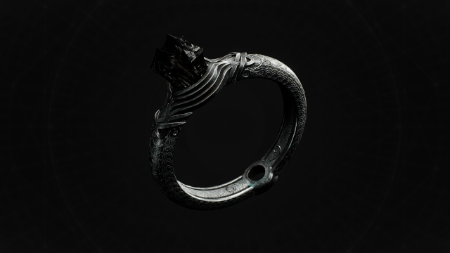 A silver ring with a black stone sits on a black background in Remnant 2.